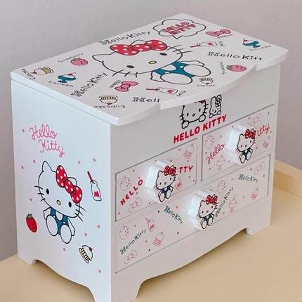 hellokitty收纳盒 木质带镜卡通可爱抽屉展示架桌面小柜子 首饰盒