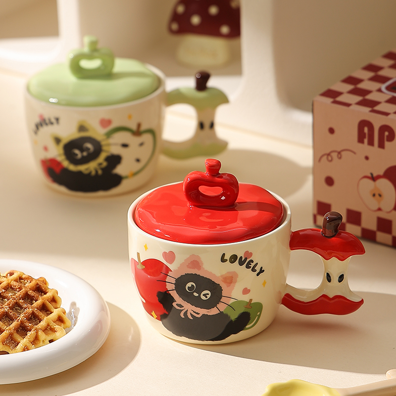 苹果猫咪马克杯陶瓷杯家用水杯