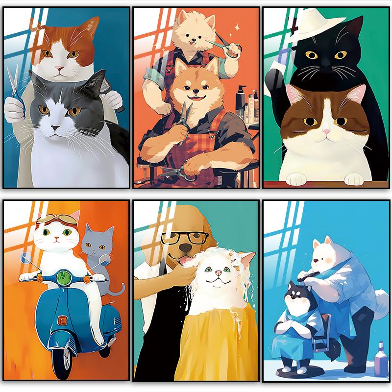理发店墙面装饰挂画创意猫动物诊所美发工作室背景墙布置卡通海报图片