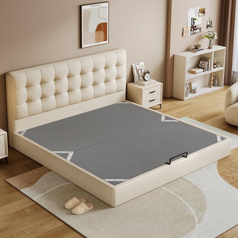 现代简约奶油风薄床头实木满铺静音床小户型卧室双人床可定制尺寸