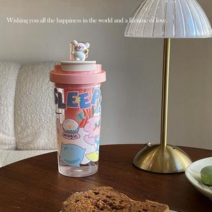 夏天卡通可爱吸管杯女生高颜值塑料双饮水杯便携茶花双饮咖啡杯子