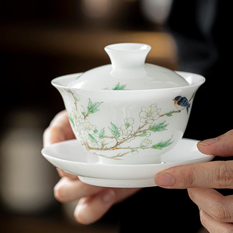 德化手绘冰种玉瓷三才盖碗单个高档茶杯家用泡茶碗陶白瓷功夫茶具