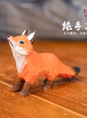 创意红狐木雕摆件家居工艺饰品纯手工实木九尾狐节日生日礼物道具