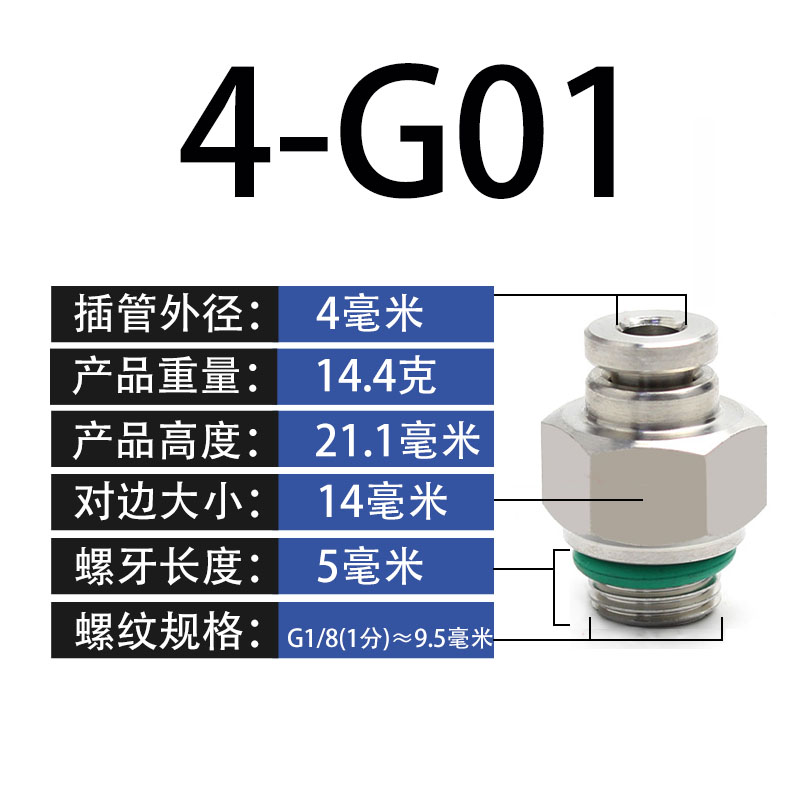 不锈钢G螺纹PC直通4-M5 8-G01 12-G02软管气管 快速快插 气动接头