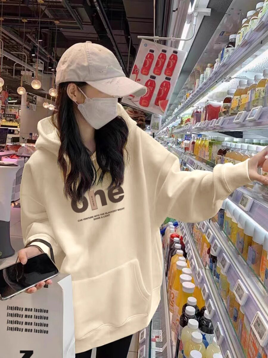 Apricot American Loose Hooded Sweatshirt for Women, Light Spring and Autumn 2025 New Lazy Top, Thickened Fleece Lined Jacket