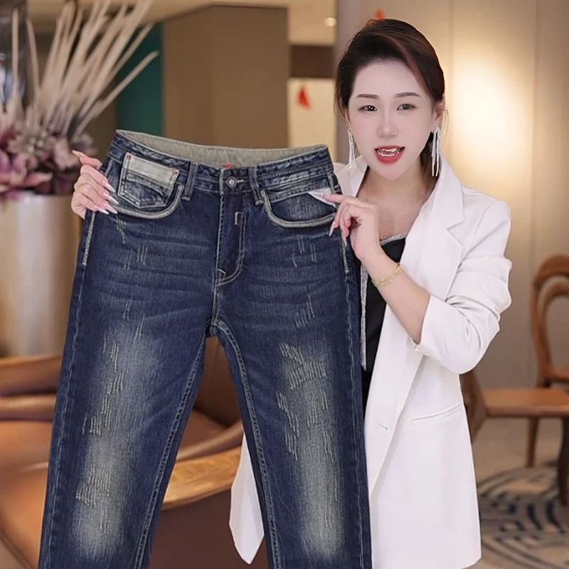 2025新款重磅美式复古修身牛仔裤男百搭弹力爆款高端刮烂做旧裤子