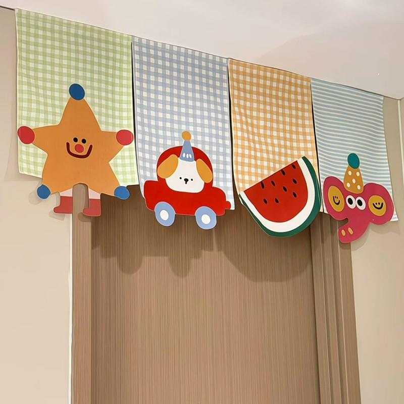 门帘卡通小动物三角旗吊旗装饰半帘布帘魔术贴入户门隔断窗遮挡帘
