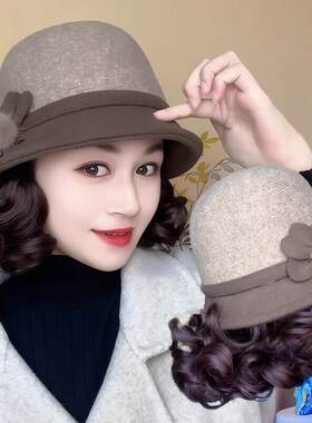 假发帽子一体式秋冬加绒保暖渔夫帽女短卷发遮白发妈妈帽优雅礼帽
