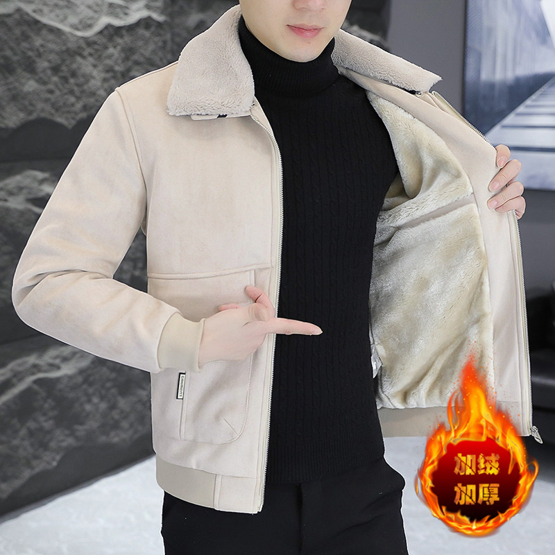 2025新款冬季麂皮绒翻领夹克外套男士加绒加厚高端羊羔绒保暖冬装