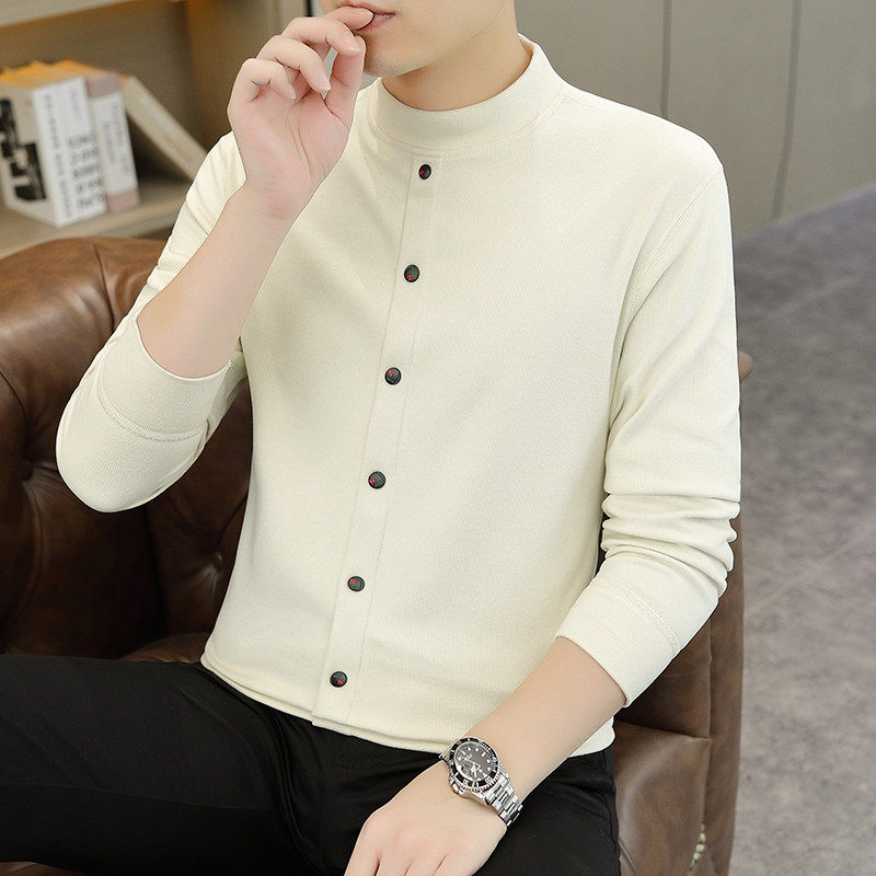 高端双面德绒长袖t恤男秋冬季加绒加厚保暖上衣男士半高领打底衫