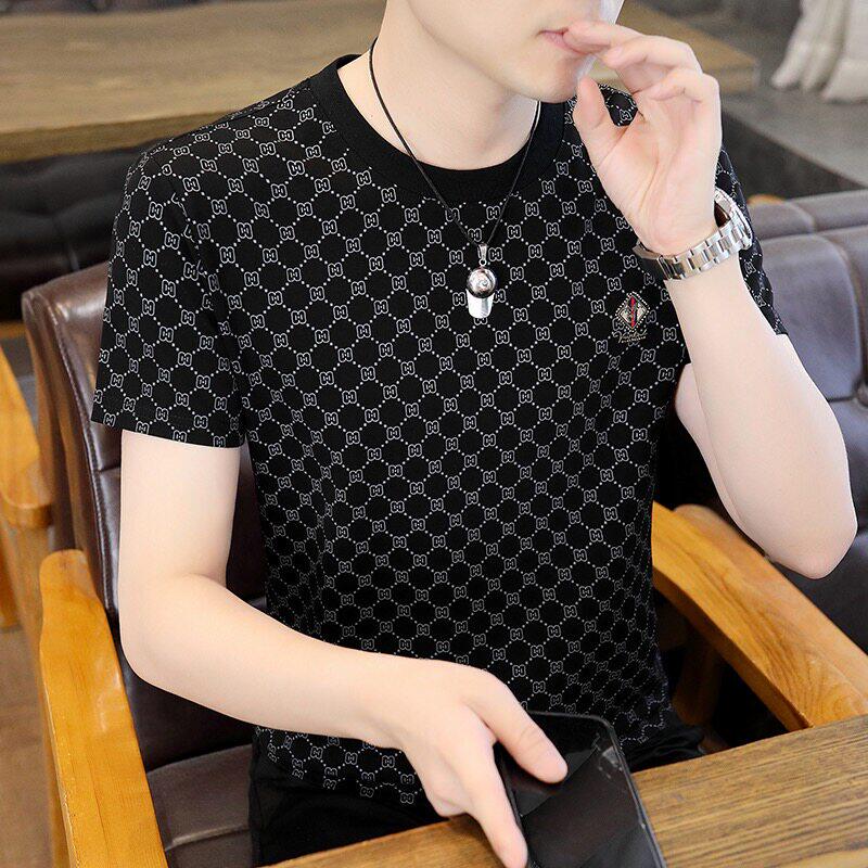 高端桑蚕丝男士短袖t恤夏季冰丝休闲新款潮牌烫钻圆领修身半袖薄