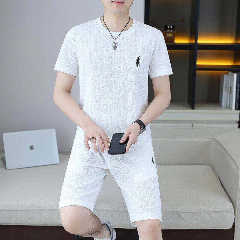 高端夏季冰丝薄款t恤套装男士短袖短裤两件套高级感潮流帅气搭配T