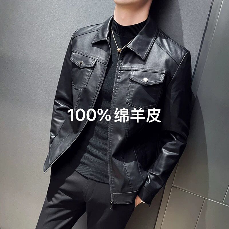 高端男士黑色绵羊皮机车皮衣