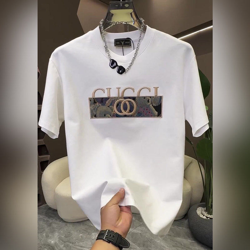 夏季新款白色短袖t恤男士修身潮牌时尚洋气小熊印花痞帅纯棉半袖