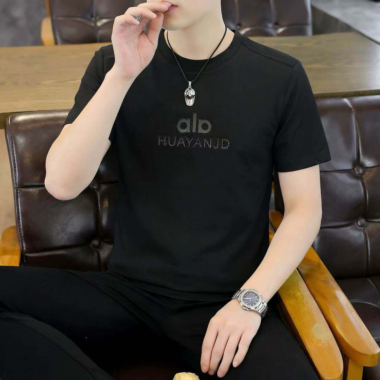 夏季新款黑色短袖t恤男圆领修身潮牌印花薄款男士冰丝薄款上衣帅