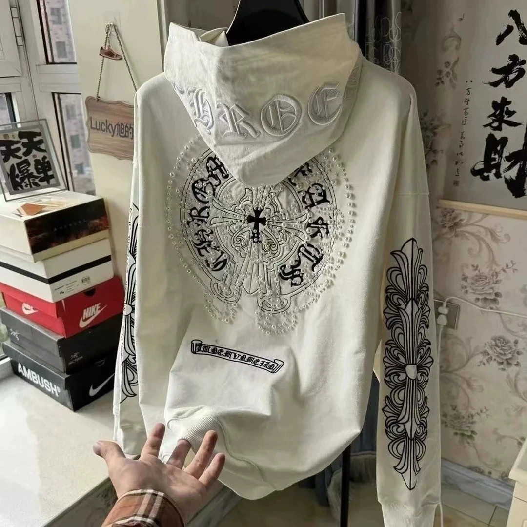 高街风十字架刺绣加绒连帽卫衣男