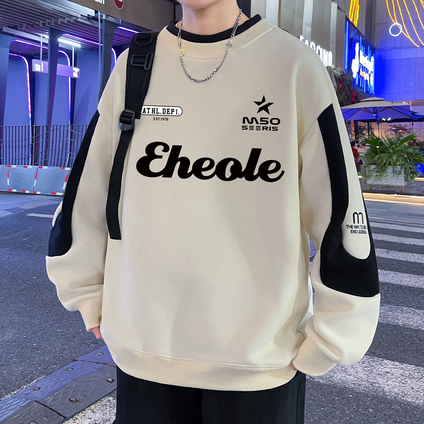 美式休闲字母印花宽松卫衣男春秋