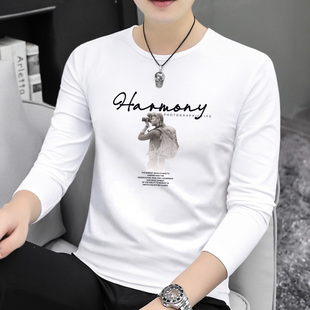 品牌2025新款长袖t恤男纯棉春秋潮牌印花百搭圆领修身弹力打底衫