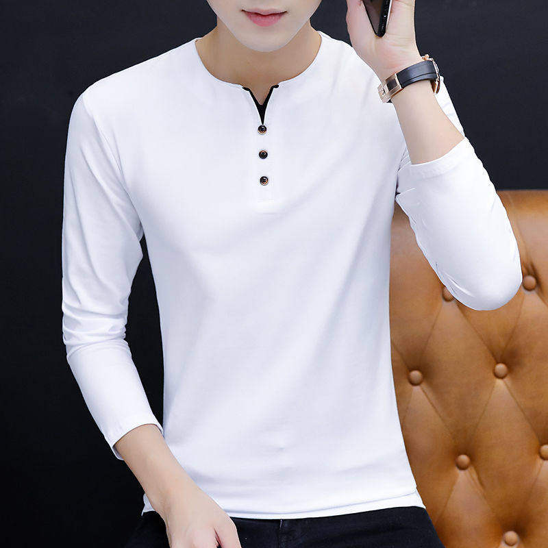 2026新款纯棉V领男士长袖t恤纯色春秋百搭打底衫休闲体恤上衣男装