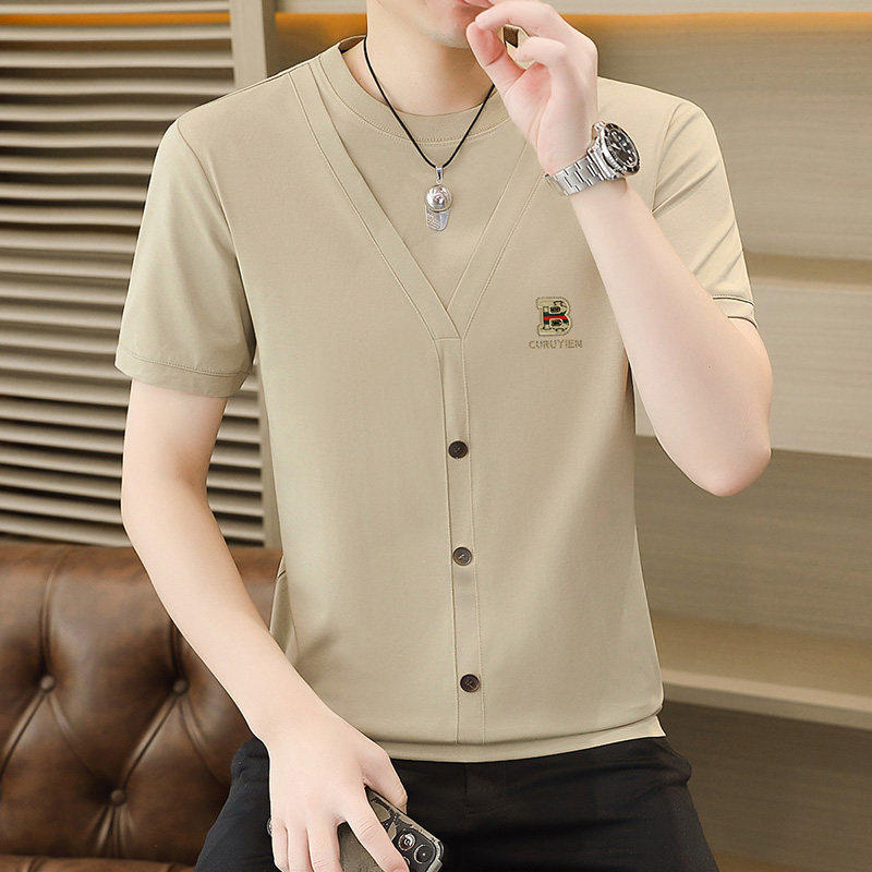 高端夏季冰丝假两件V领短袖t恤薄款透气潮牌针织衫男士修身上衣帅