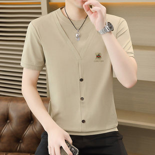 高端夏季冰丝假两件V领短袖t恤薄款透气潮牌针织衫男士修身上衣帅