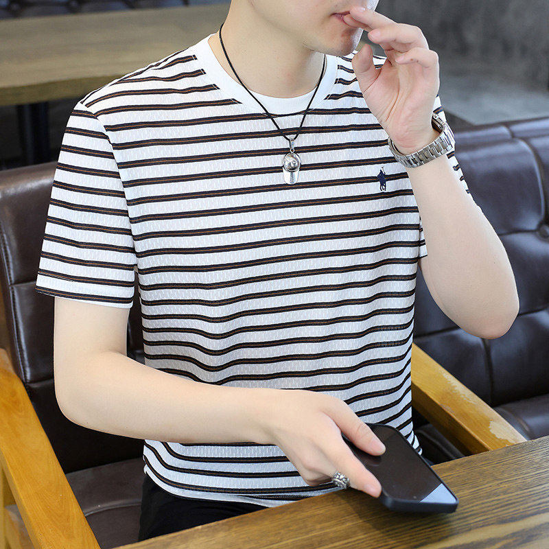 夏季冰丝薄款条纹短袖t恤男士2026新款潮牌刺绣圆领修身透气上衣