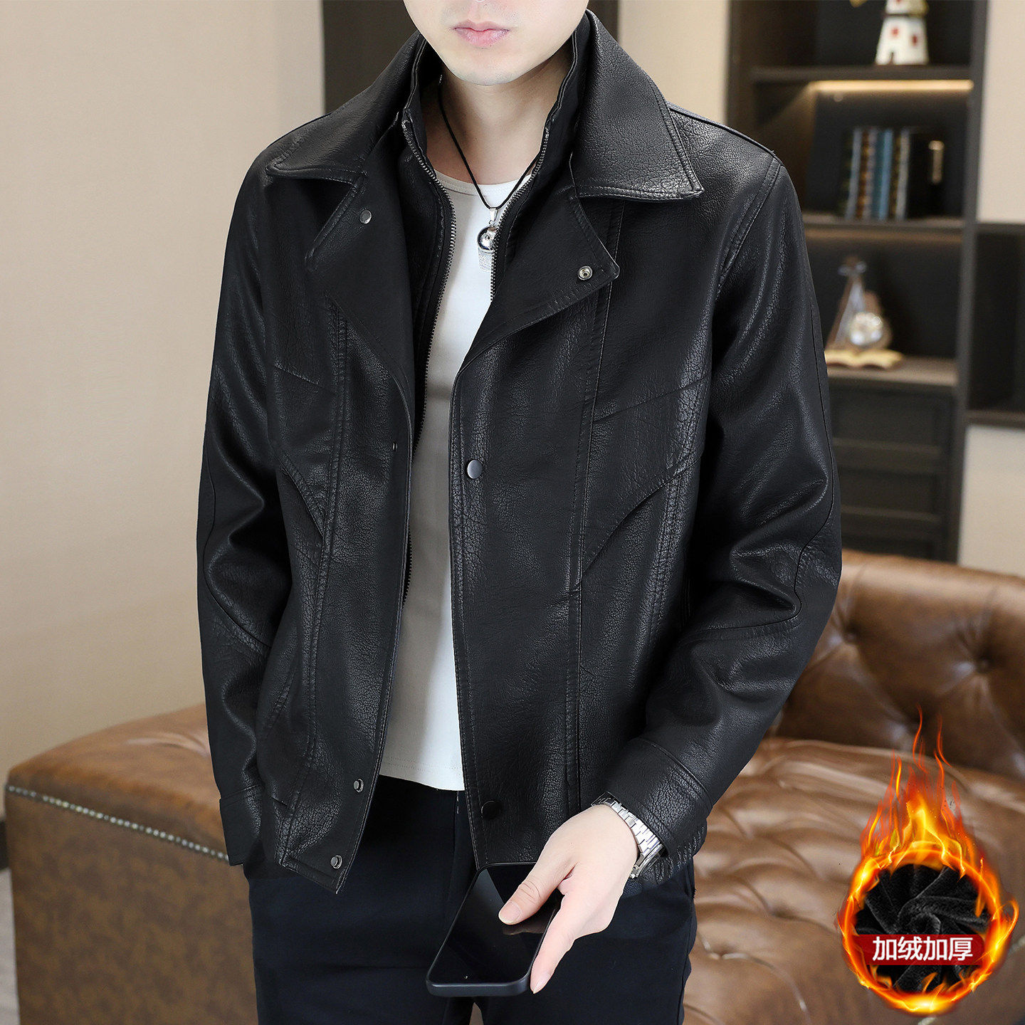 高端2025新款皮衣外套男绵羊皮复古机车品牌男士潮流翻领真皮夹克