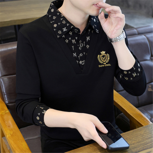 欧洲站潮牌假两件t恤男长袖春秋季新款潮流修身男士印花Polo衫帅