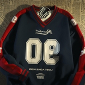 美式 球衣风运动oversize上衣 复古撞色V领卫衣男春秋潮牌拼色长袖