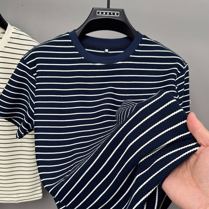 经典麻花条纹短袖t恤男款夏季百搭洋气圆领休闲半截袖上衣体恤帅
