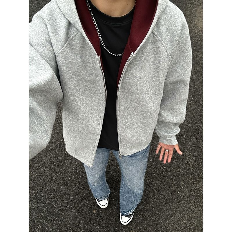 美式撞色开衫卫衣男款秋季cleanfit连帽衫高级感重磅硬挺外套上衣