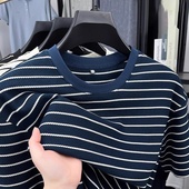 圆领套头半袖 2025夏季 上衣 条纹拼色短袖 t恤休闲青年时尚 新款 男士