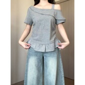 T恤2025夏季 大码 温柔风斜肩格子拼接短袖 显瘦收腰荷叶边上衣