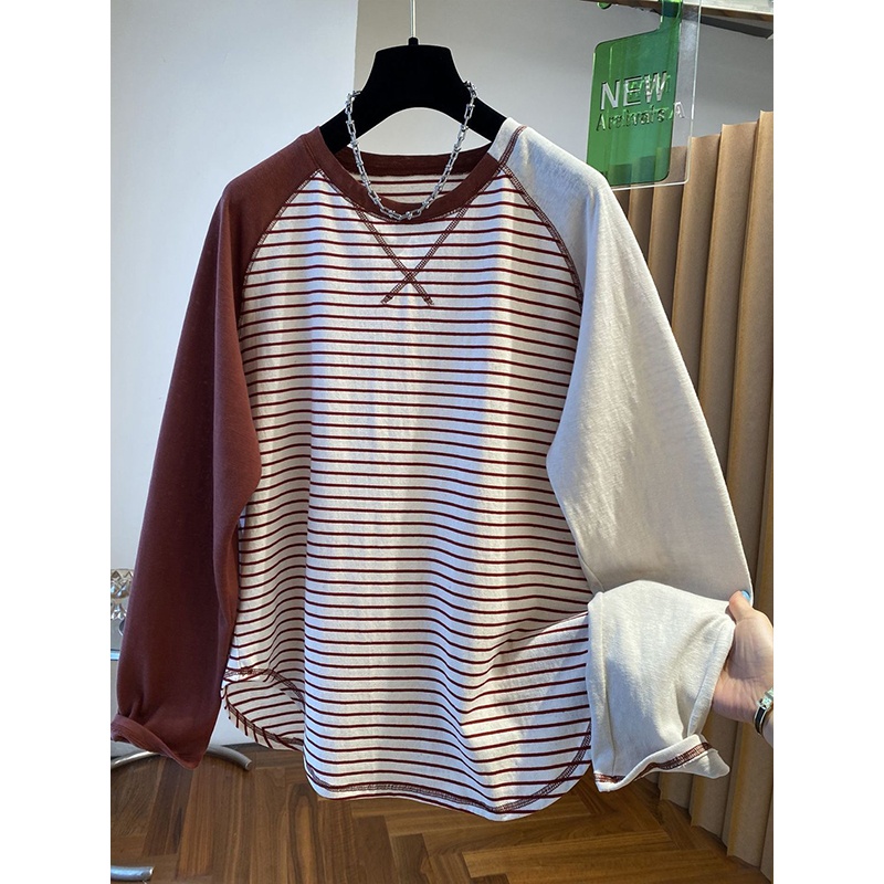 韩系高级感条纹t恤男女长袖2025新款宽松薄款空调衫圆领打底衫T恤