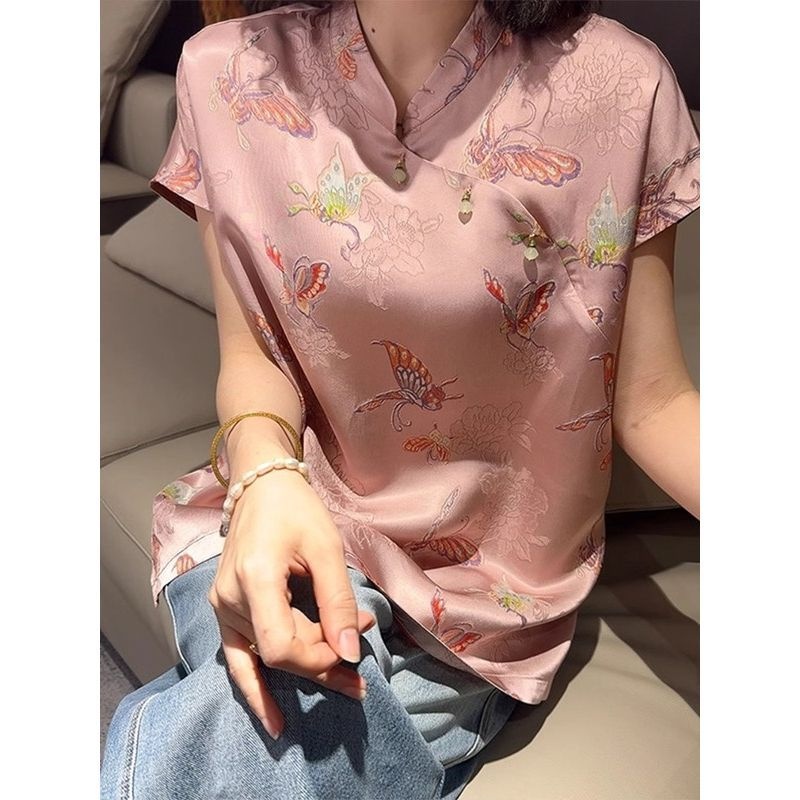 2025夏季新中式国风蝶恋花立领斜襟衬衫上衣男女大码提花短袖T恤