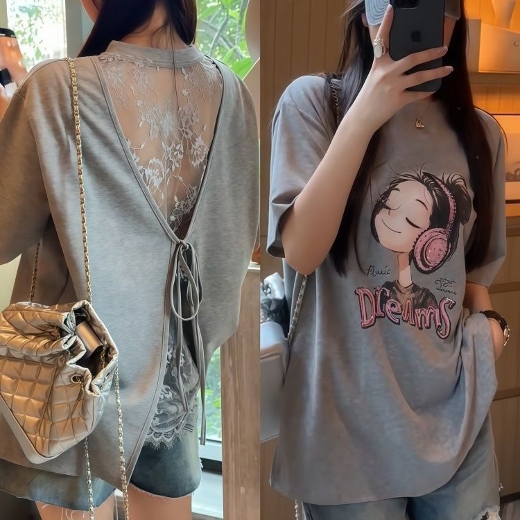 设计感灰色蕾丝后背镂空短袖T恤男女高级感气质百搭超好看漂亮T恤