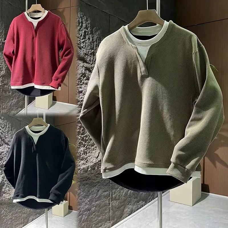 2024秋季潮流假两件纯色V领卫衣男高档宽松百搭休闲上衣打底衫男