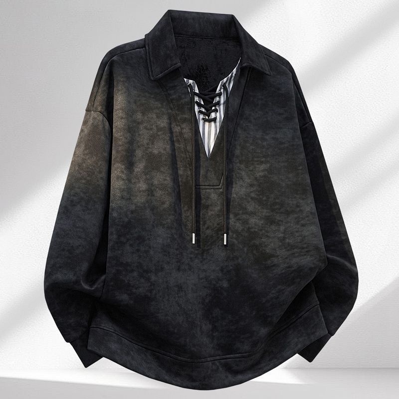 2025秋冬设计感假两件扎染翻领卫衣男士休闲大码宽松长袖T恤上衣