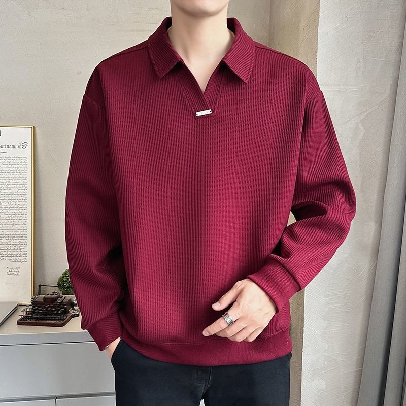 红色卫衣男士春秋款美式休闲v领打底polo衫潮牌重磅衬衫领长袖t恤