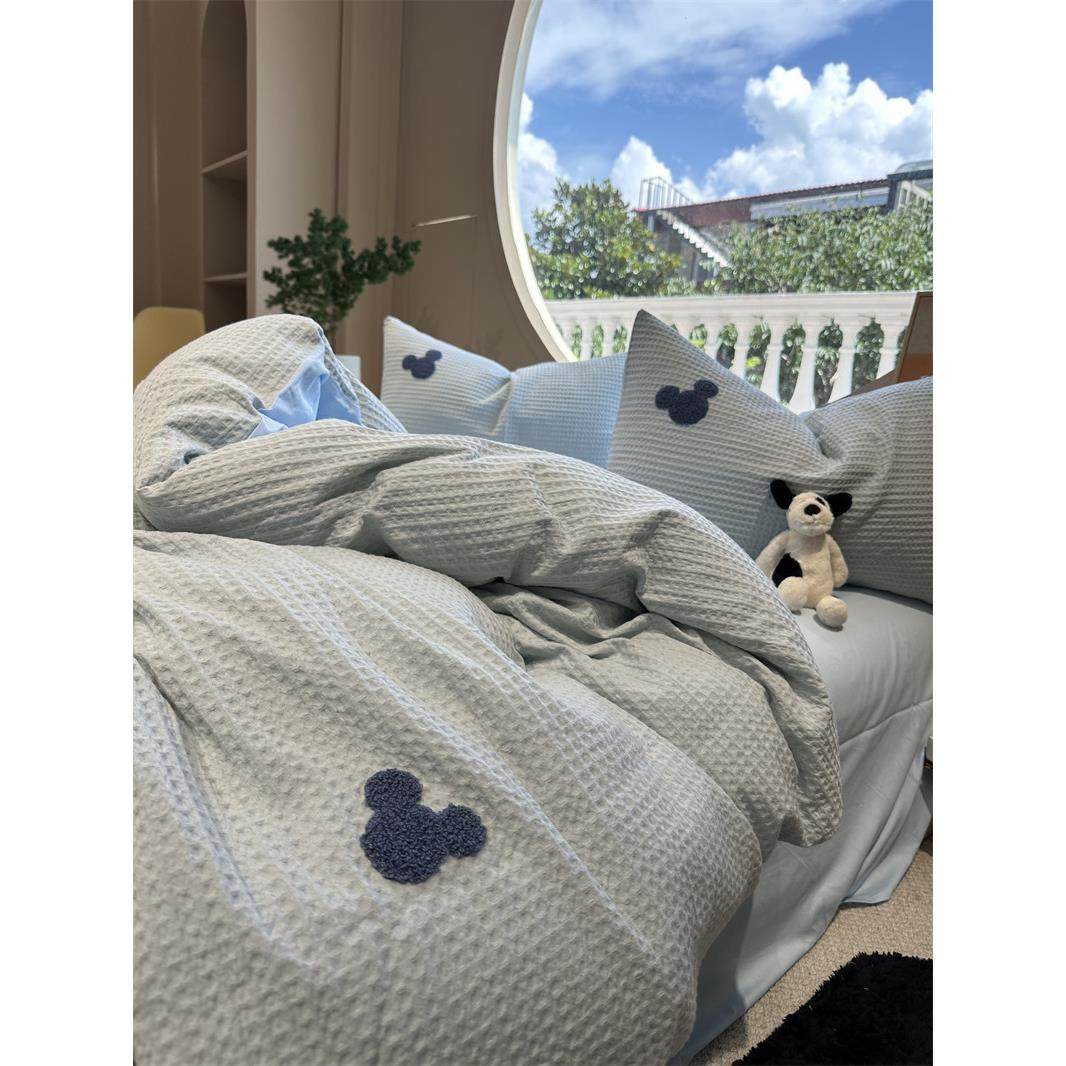 舒适华夫格毛巾绣米奇天蓝床上四件套全棉1.5m1.8公寓被套三件套,床上用品,床品套件/四件套/多件套,淘宝优惠券,粉丝福利购,淘宝优惠卷