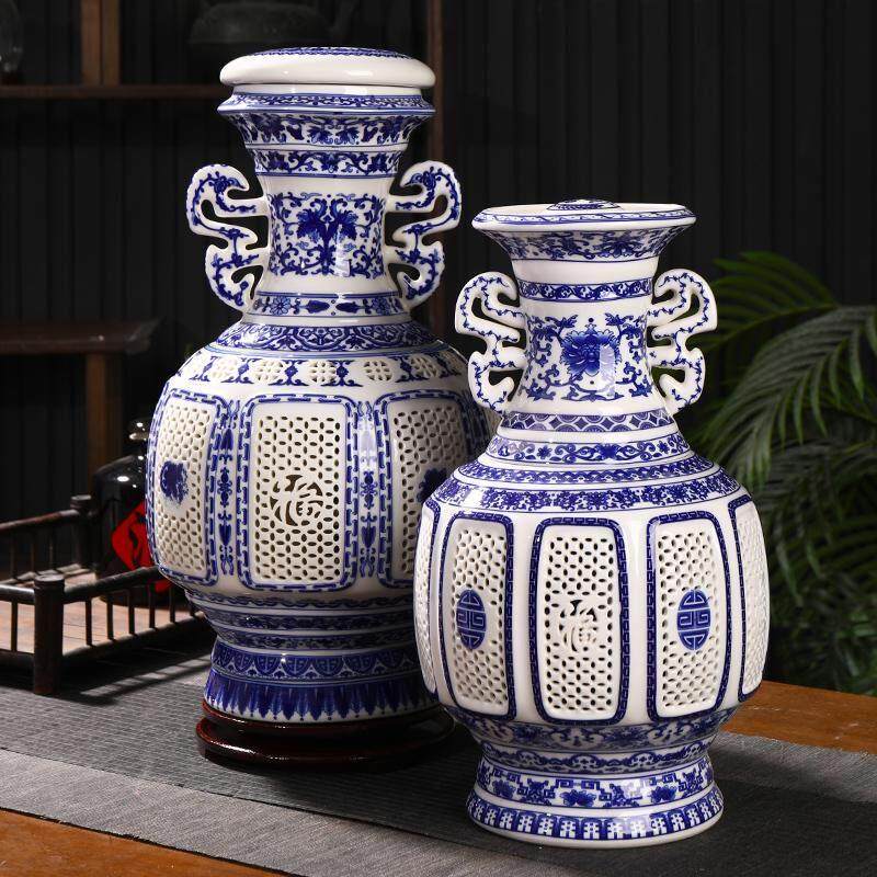 景德镇仿古陶瓷酒瓶3斤5斤装 青花瓷镂空瓷王双耳空酒坛带礼盒