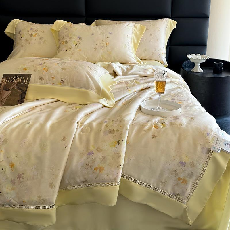 高端100兰精天丝印花夏被四件套夏季可水洗空调被冰丝床单夏凉被4