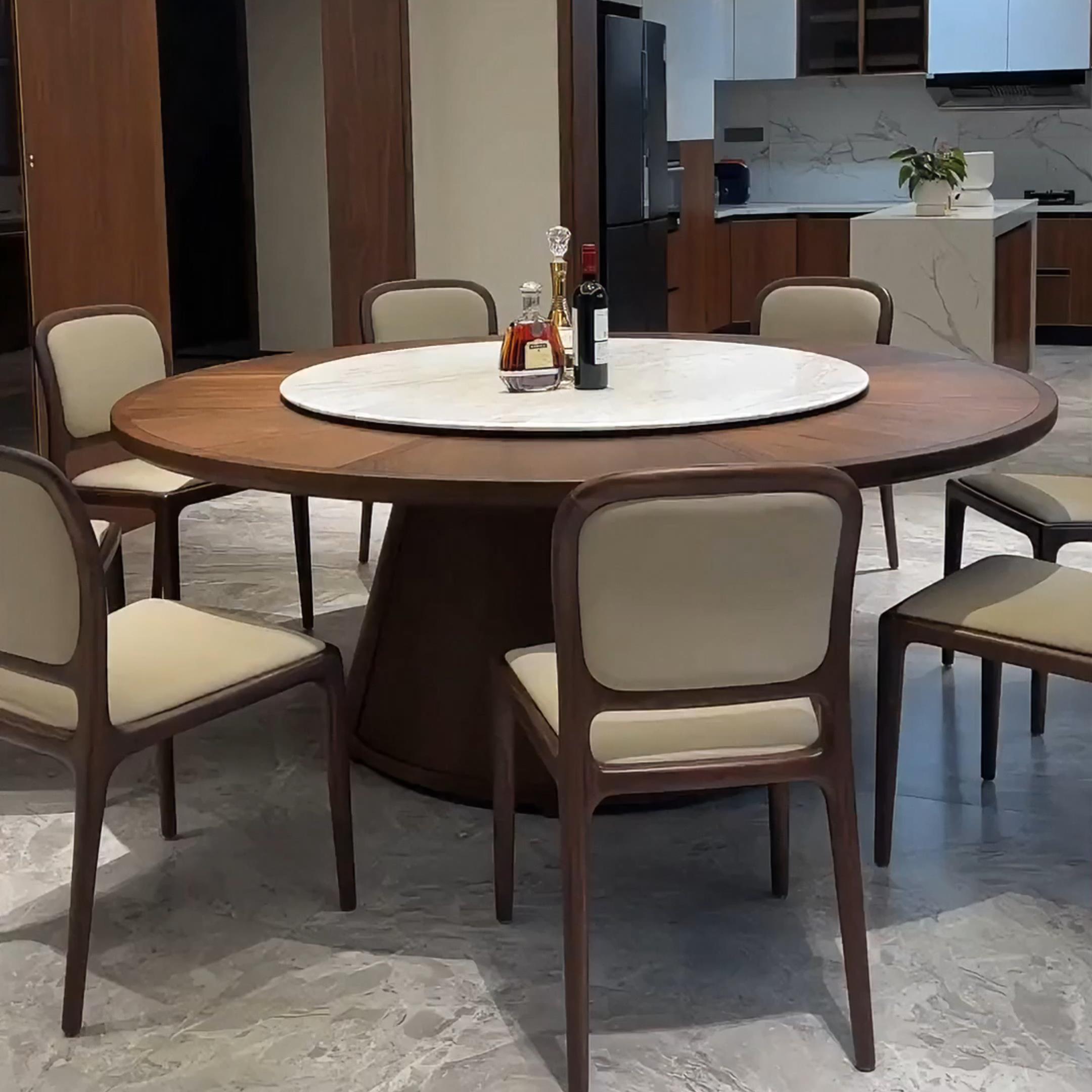 新中式北美黑胡桃木餐桌椅组合现代轻奢圆形饭桌餐厅实木转盘圆桌