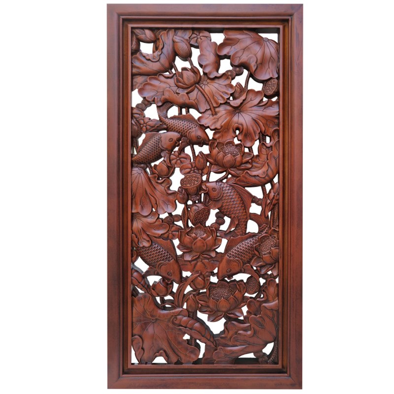 东阳香樟木雕花板客厅背景墙中式仿古镂空玄关隔断屏风壁挂画定制