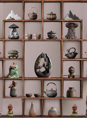 茶室博古架茶柜装饰茶壶茶罐茶杯茶宠中式禅意覆古怀旧茶具摆件