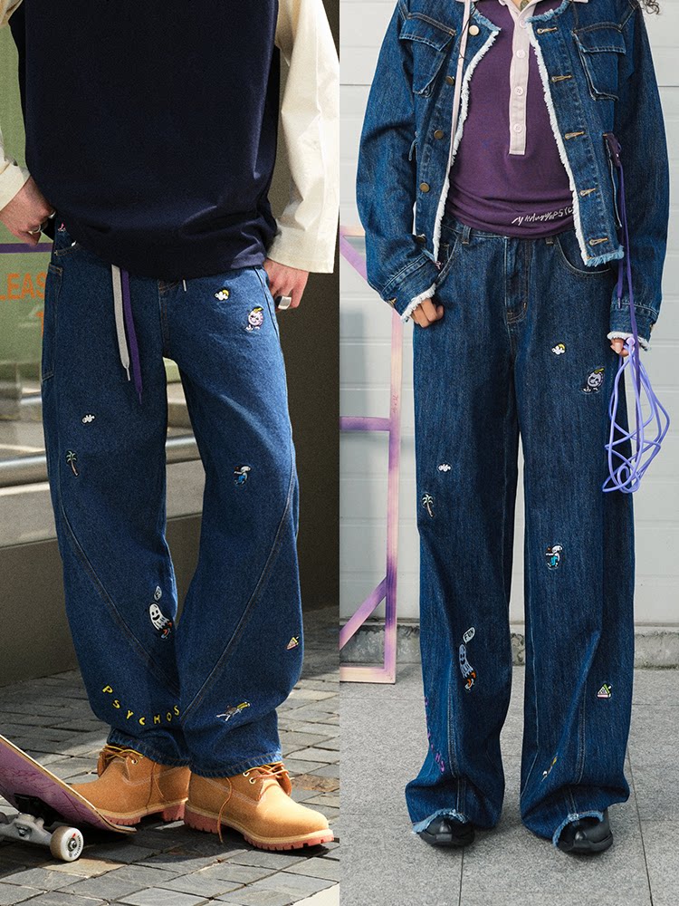 스타의 같은 스타일 PSYCHOS 두꺼운 가을 겨울 화창한 날 남성과 여성을위한 자수 바나나 바지 청바지 PA2UBPT028
