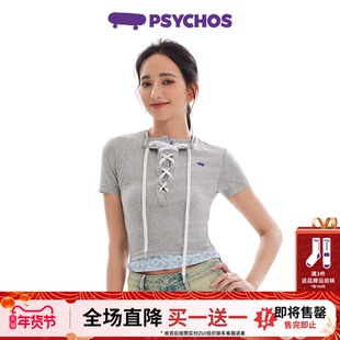 【买一送一】双色PSYCHOS穿行赛场莱赛尔上衣拼接假两件修身T恤女