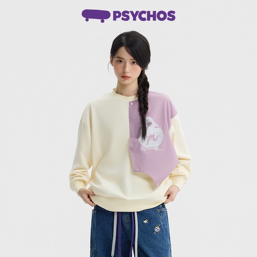 Psychos撞色拼接印花宽松卫衣秋