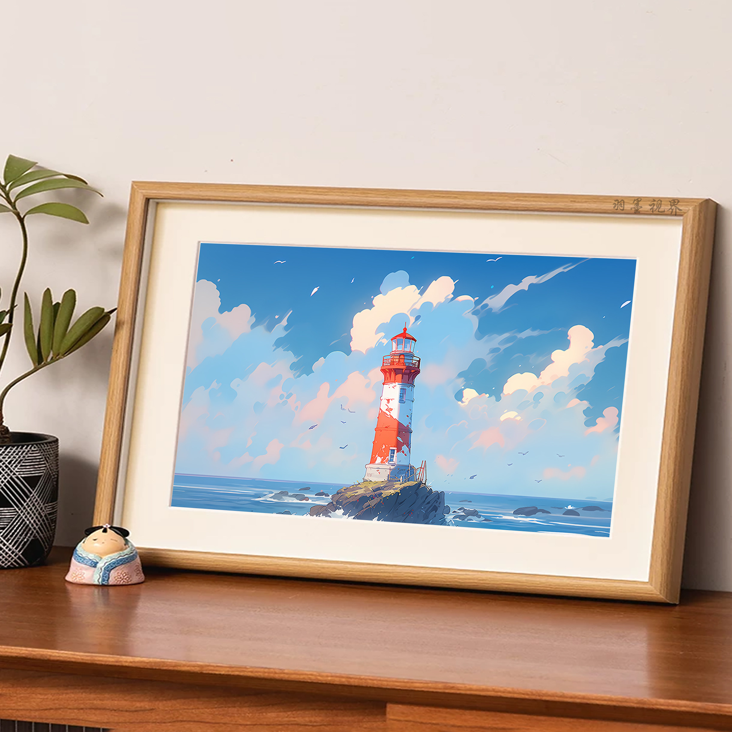 红白海边灯塔日系动漫插画相框