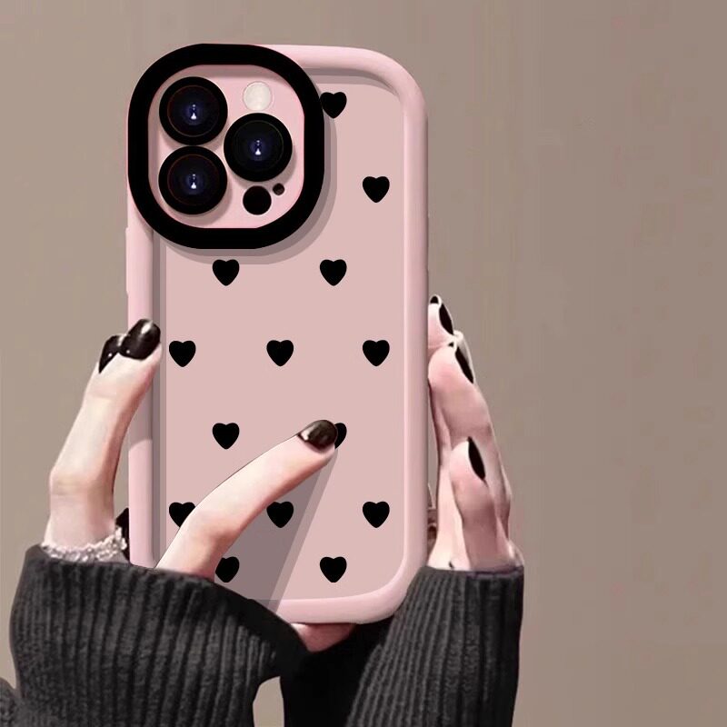 满屏黑色爱心适用苹果17手机16彩绘iPhone14promax硅胶泡芙15/13